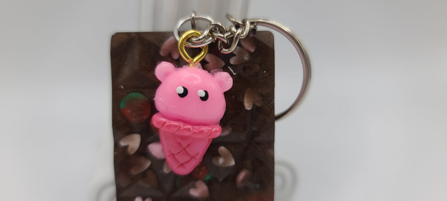 Strawberry Heart Chocolate Keychain with Pink Ice Cream Bear Charm