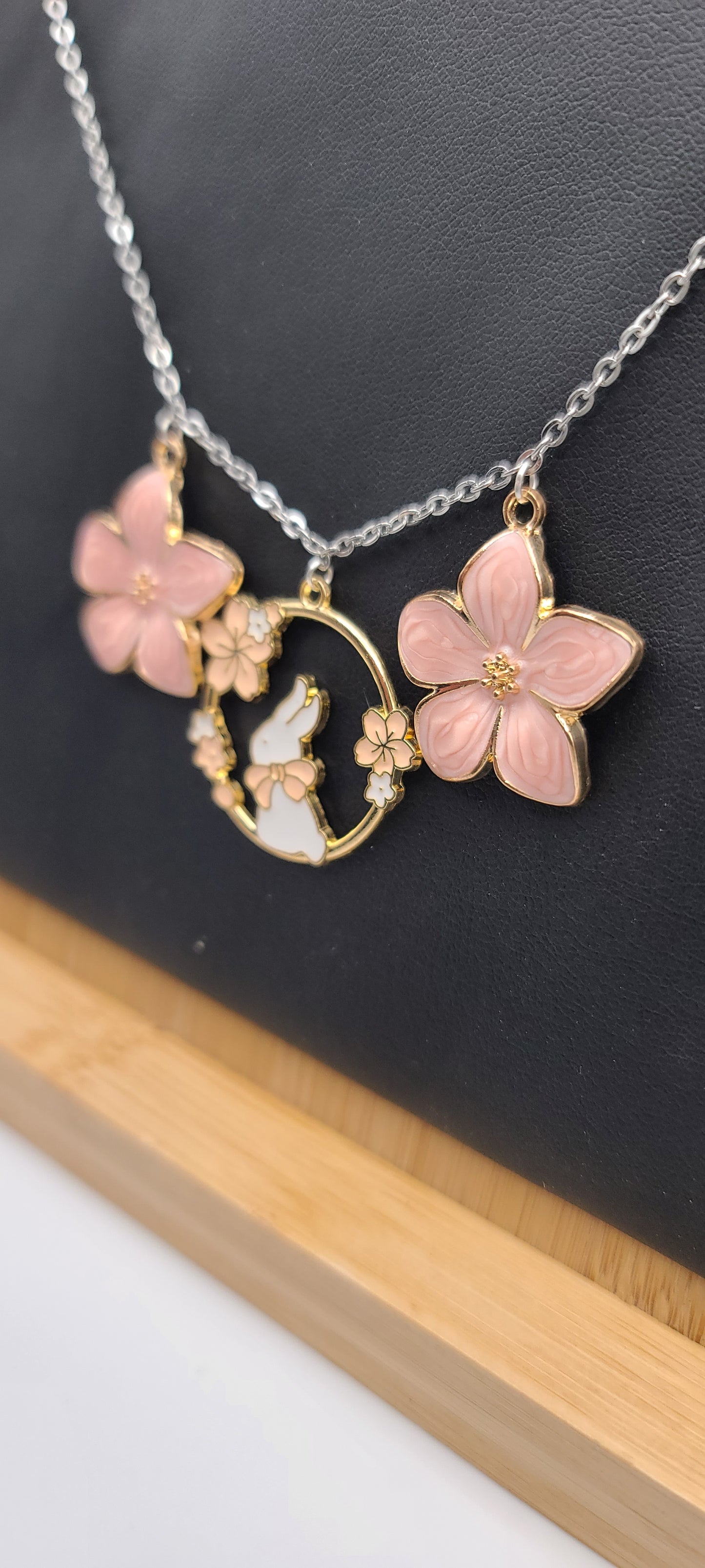 White Bunny and Pink Sakura Charm Silver Chain Necklace