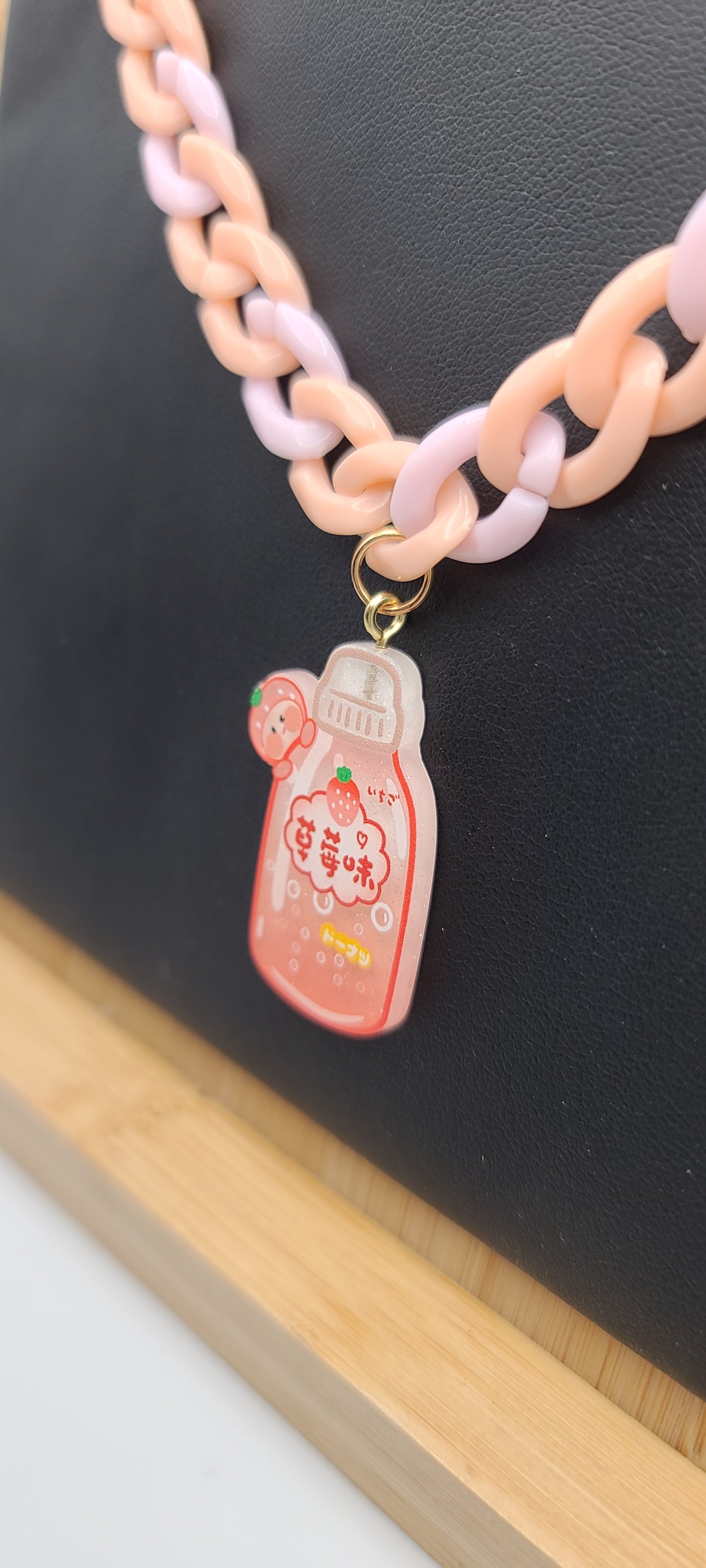 Pink Plastic Chain Necklace with Pink Strawberry Soda Pop Drink Acrylic Charm