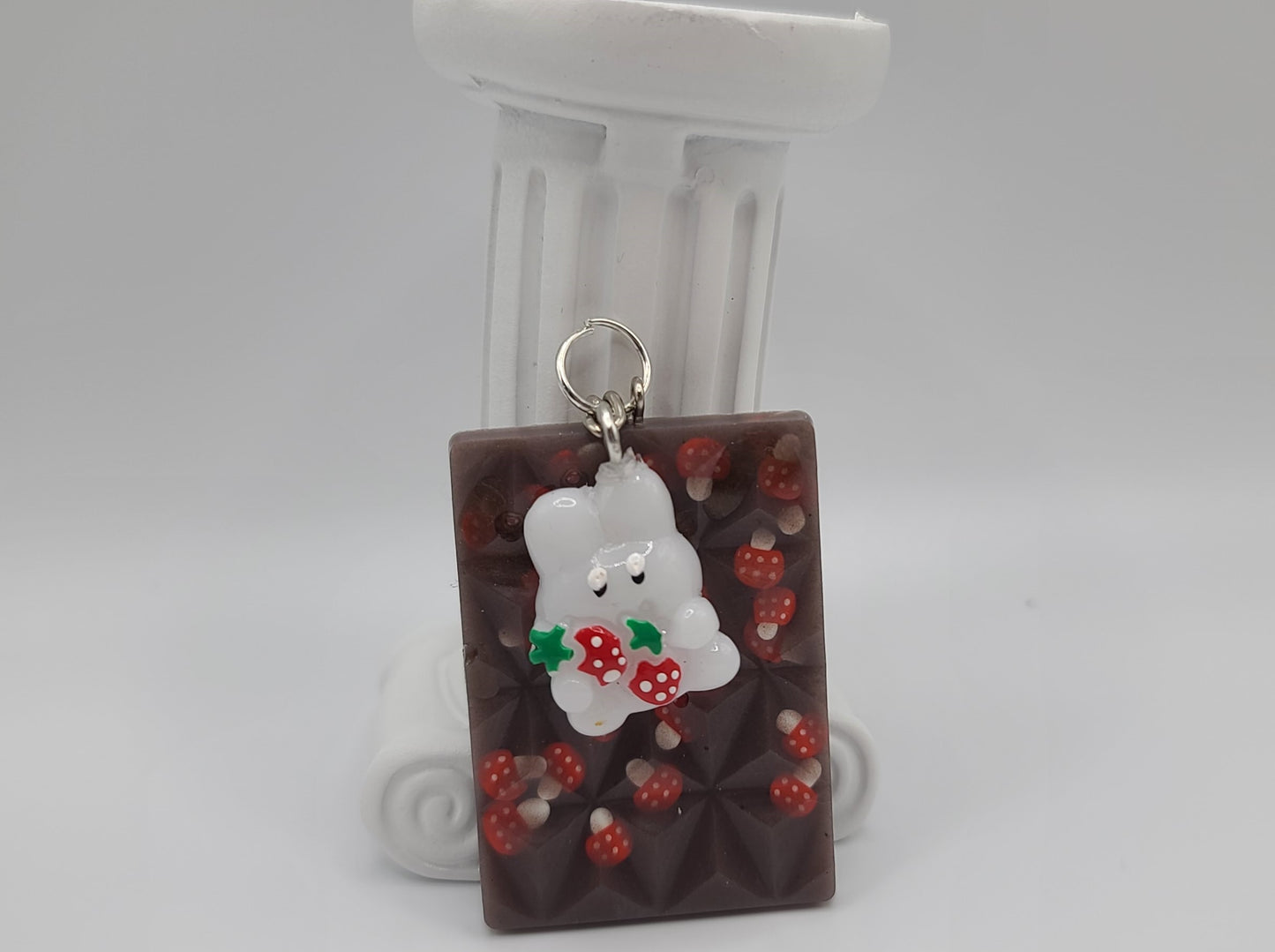Mushroom Chocolate Bar Keychain with Strawberry Rabbit Charm