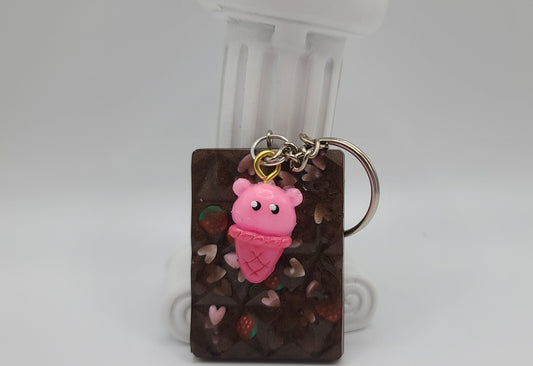 Strawberry Heart Chocolate Keychain with Pink Ice Cream Bear Charm