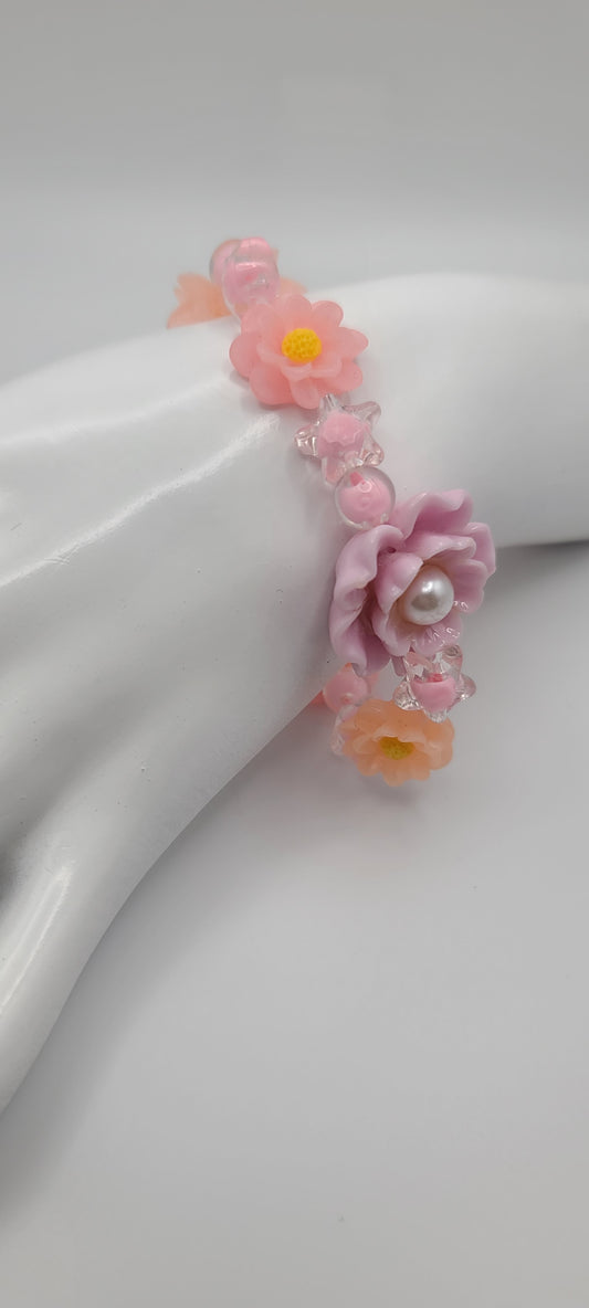 Peach and Pink Flower Bracelet