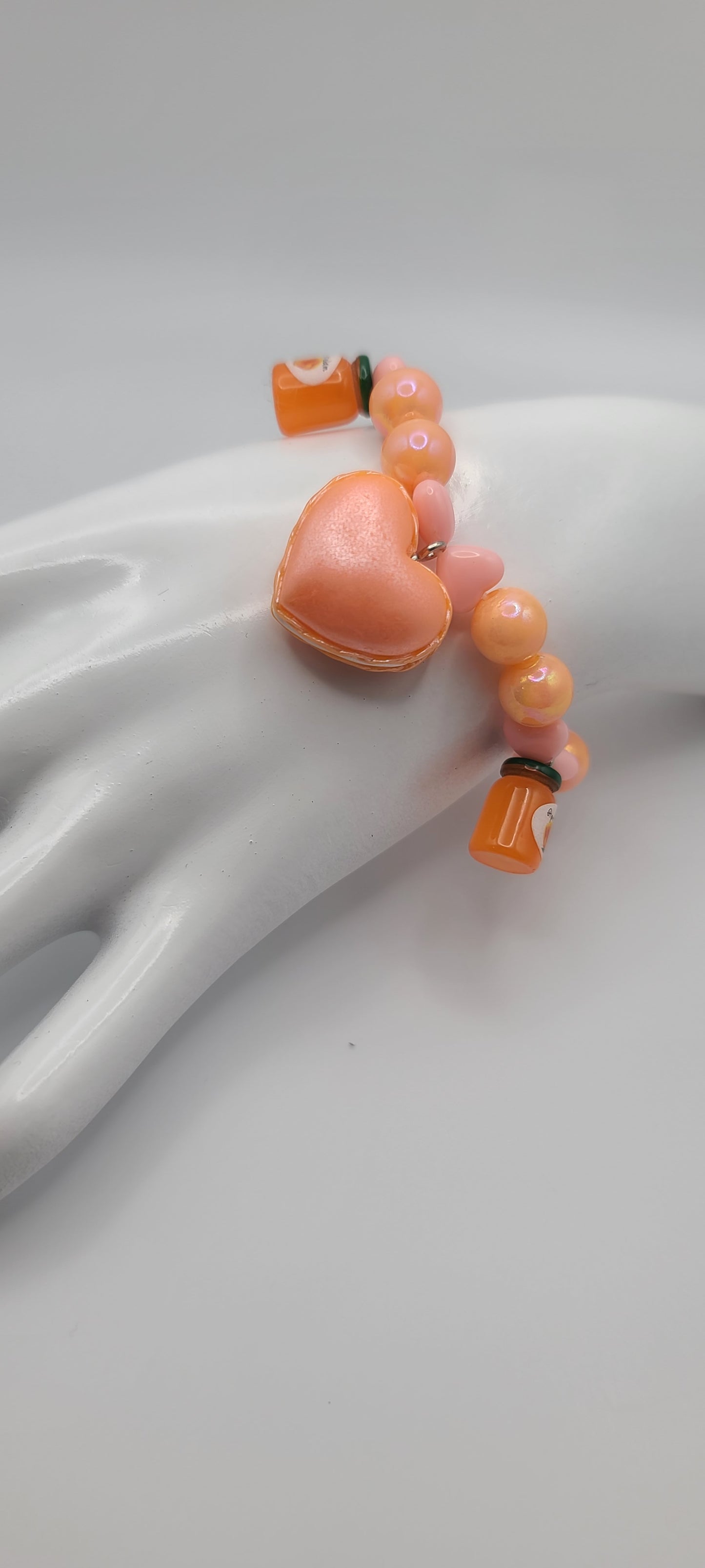 Orange and Peach Beaded Elastic Bracelet with Peach Jam and Heart Macaron Charms