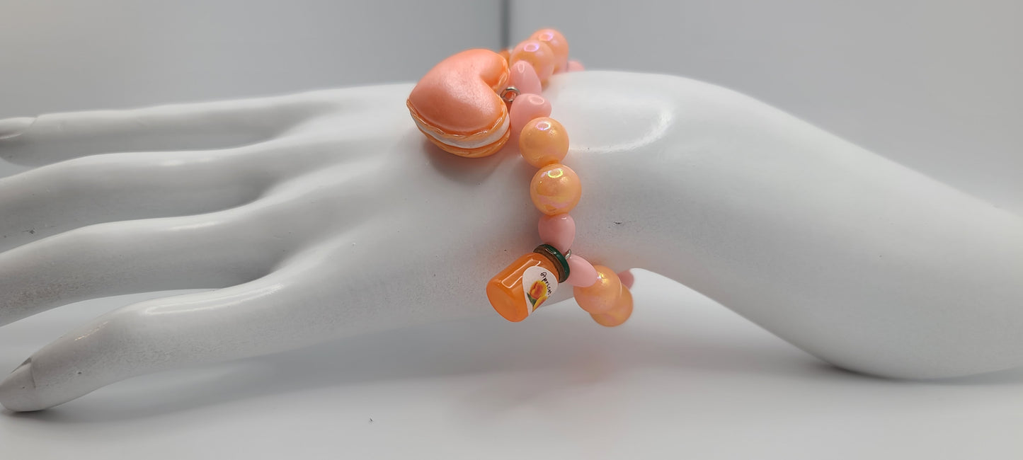 Orange and Peach Beaded Elastic Bracelet with Peach Jam and Heart Macaron Charms