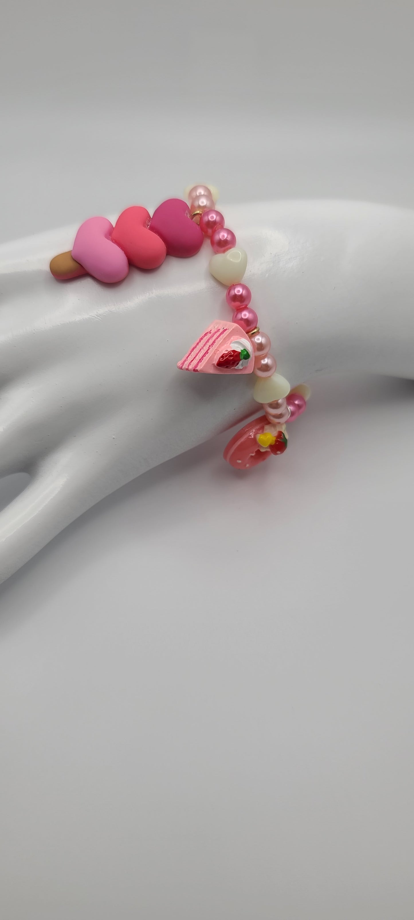 Valentine's Pastries Cakes Donuts Strawberry Pink and Red Beaded Bracelet