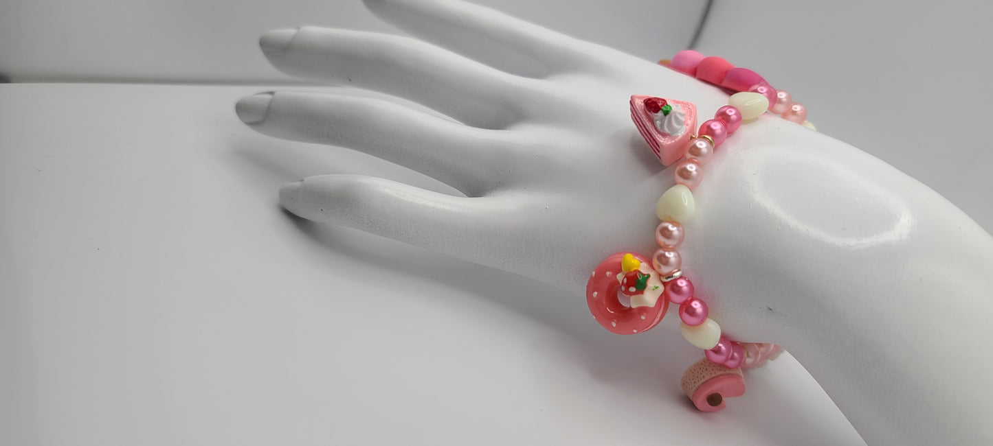 Valentine's Pastries Cakes Donuts Strawberry Pink and Red Beaded Bracelet