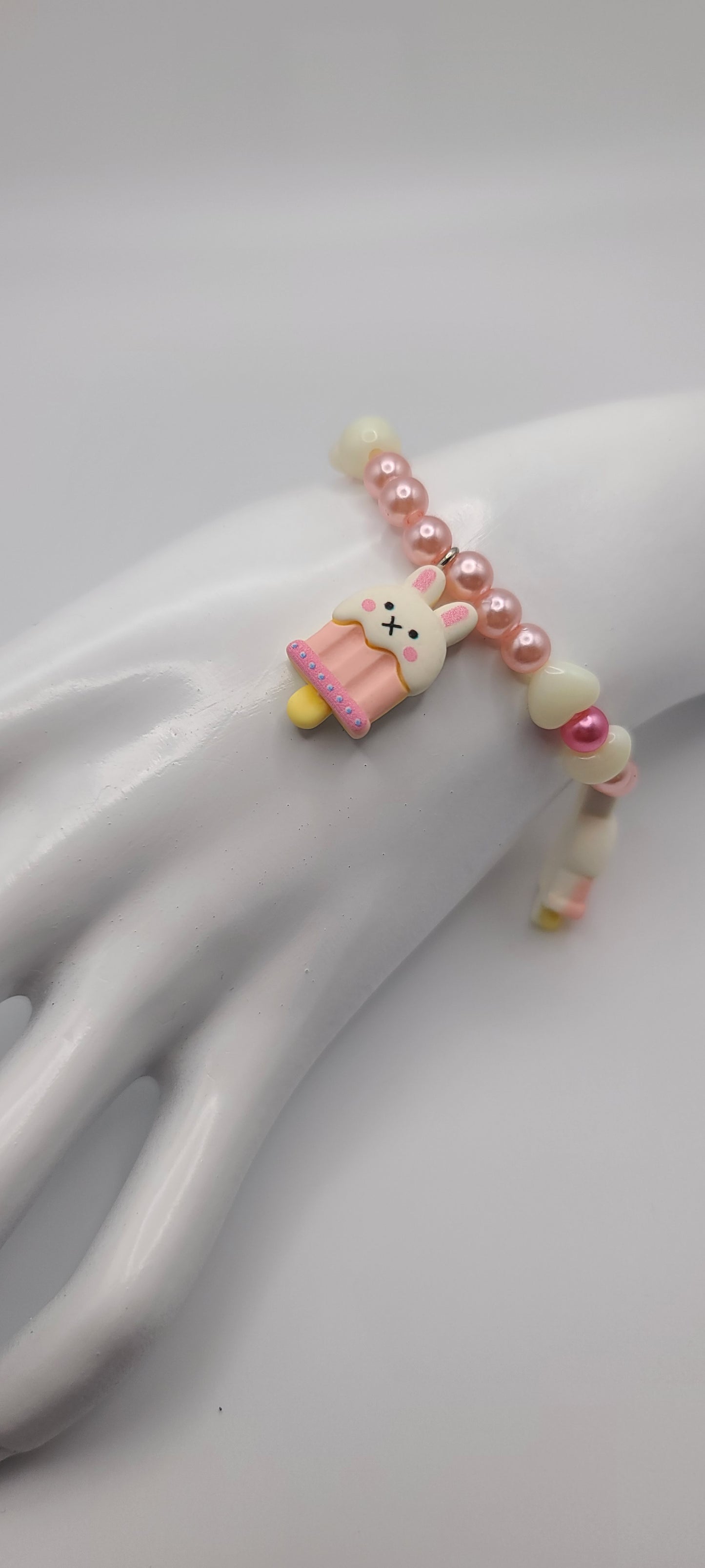 Pink Ice Cream Popsicle Bunny Pink and White Beaded Bracelet