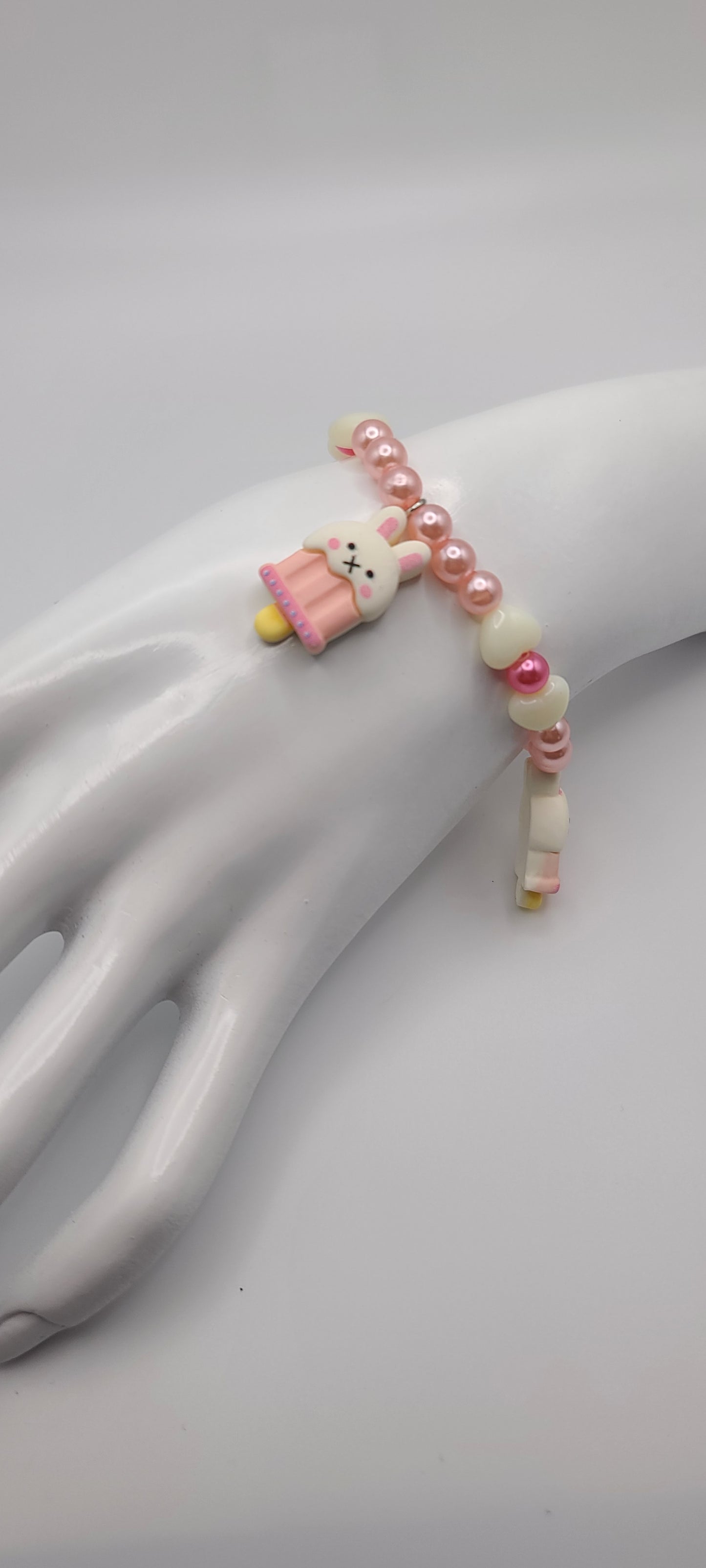 Pink Ice Cream Popsicle Bunny Pink and White Beaded Bracelet