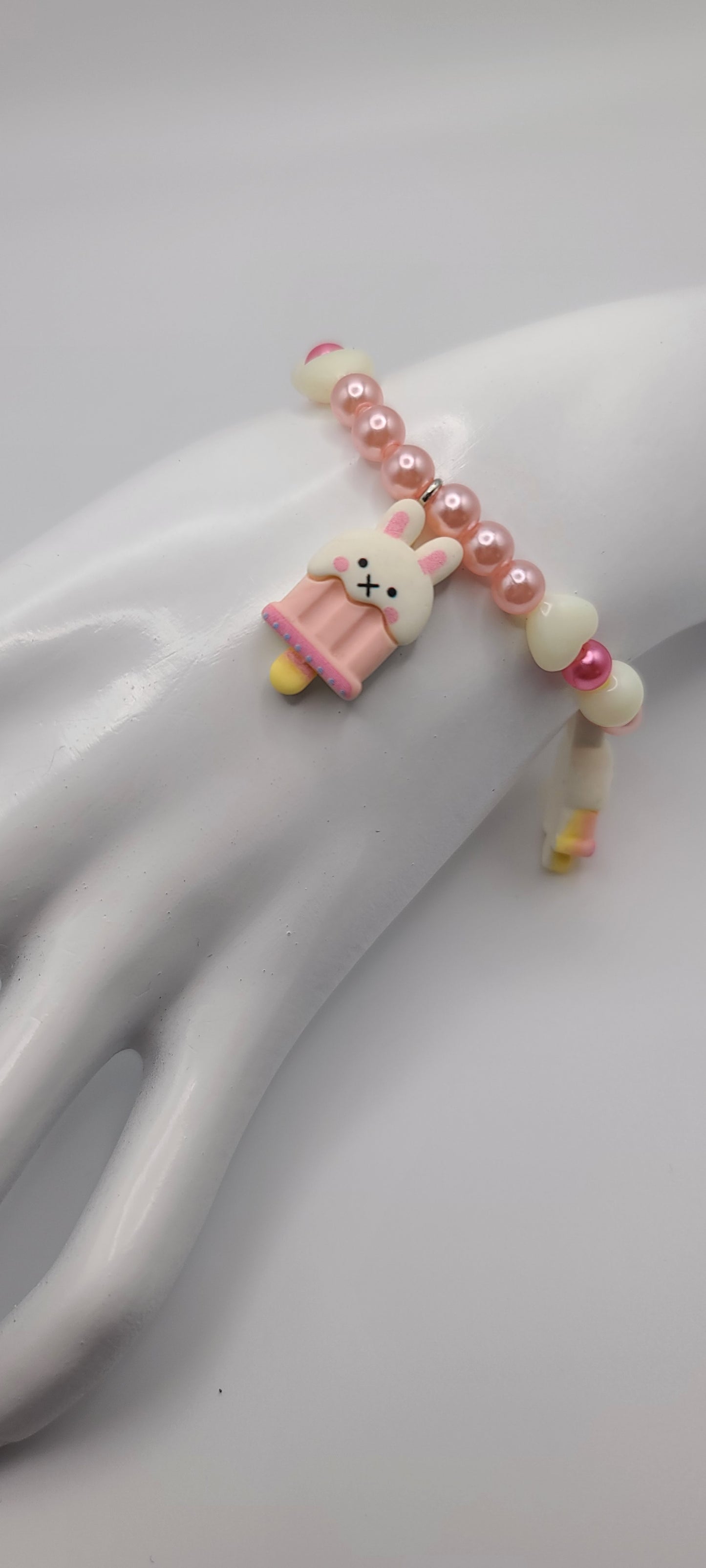 Pink Ice Cream Popsicle Bunny Pink and White Beaded Bracelet