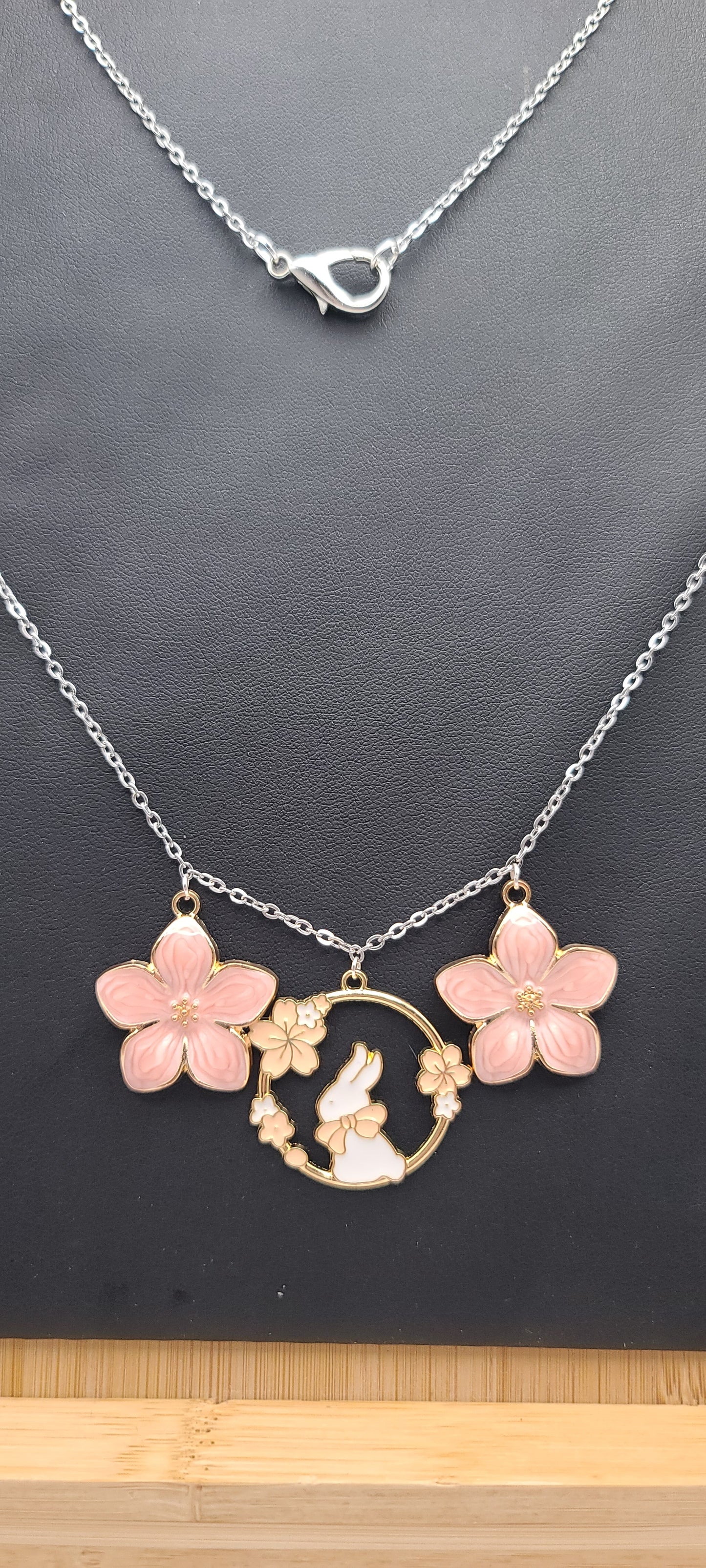 White Bunny and Pink Sakura Charm Silver Chain Necklace