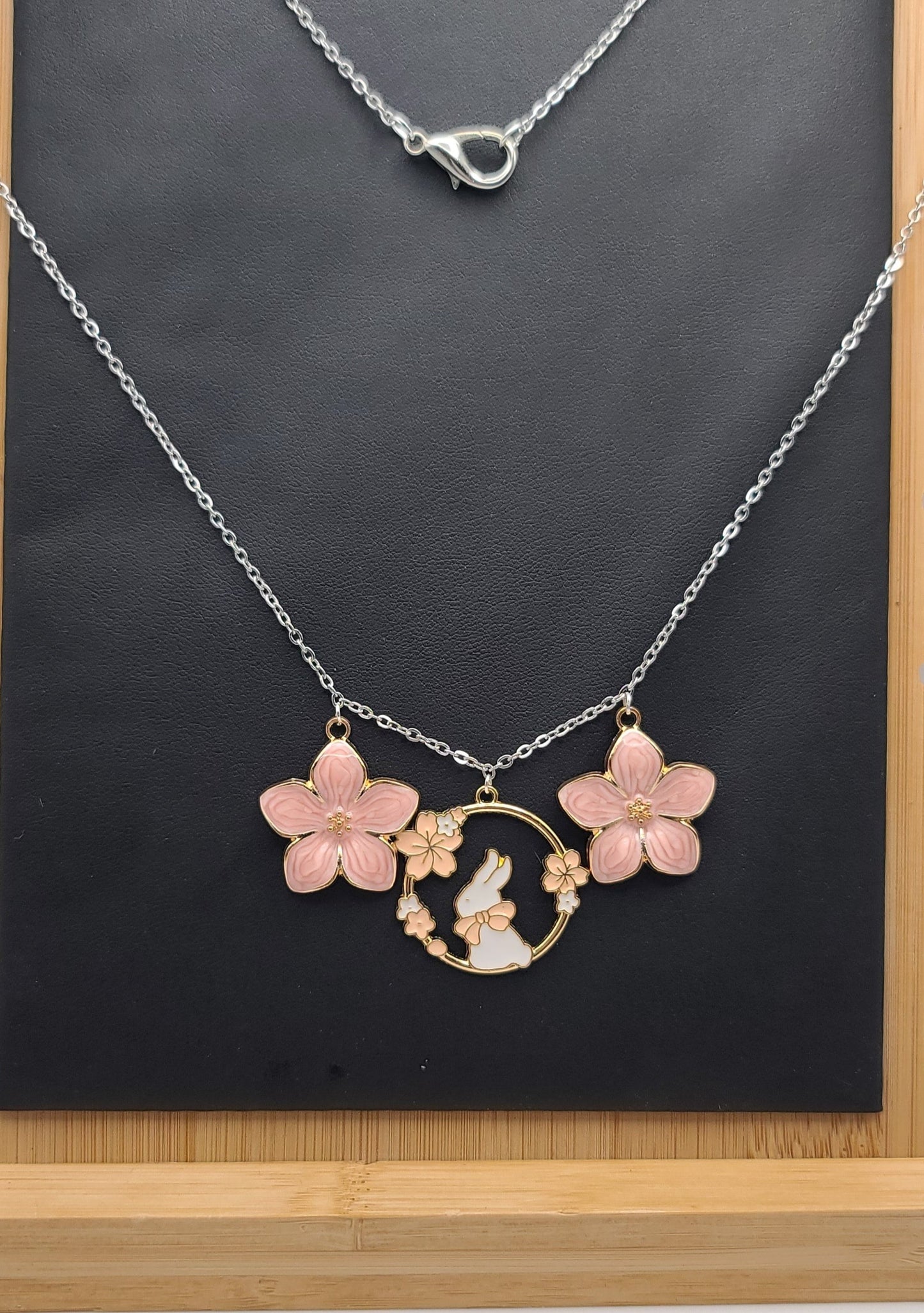 White Bunny and Pink Sakura Charm Silver Chain Necklace