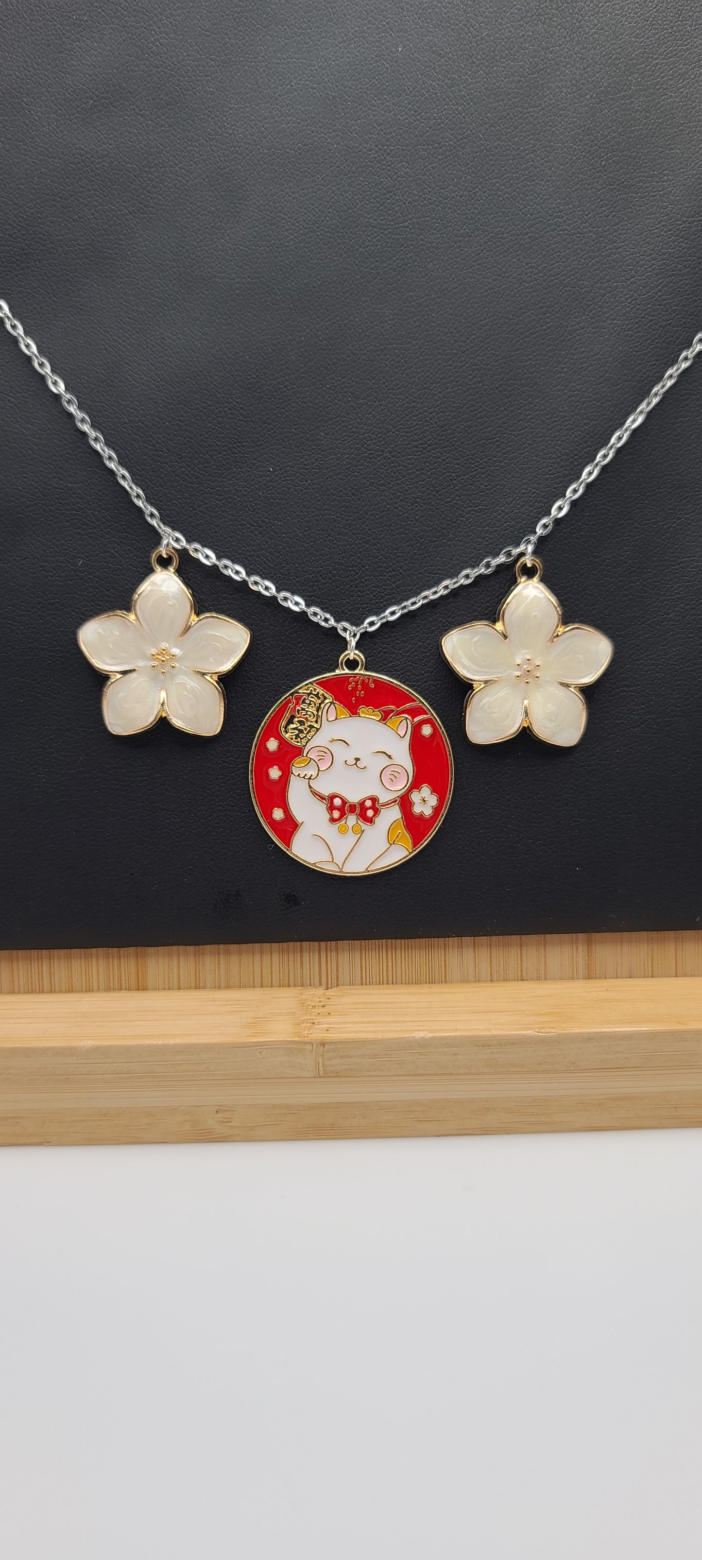 Maneki-neko Welcoming Lucky Cat and White Sakura Charm Silver Chain Necklace