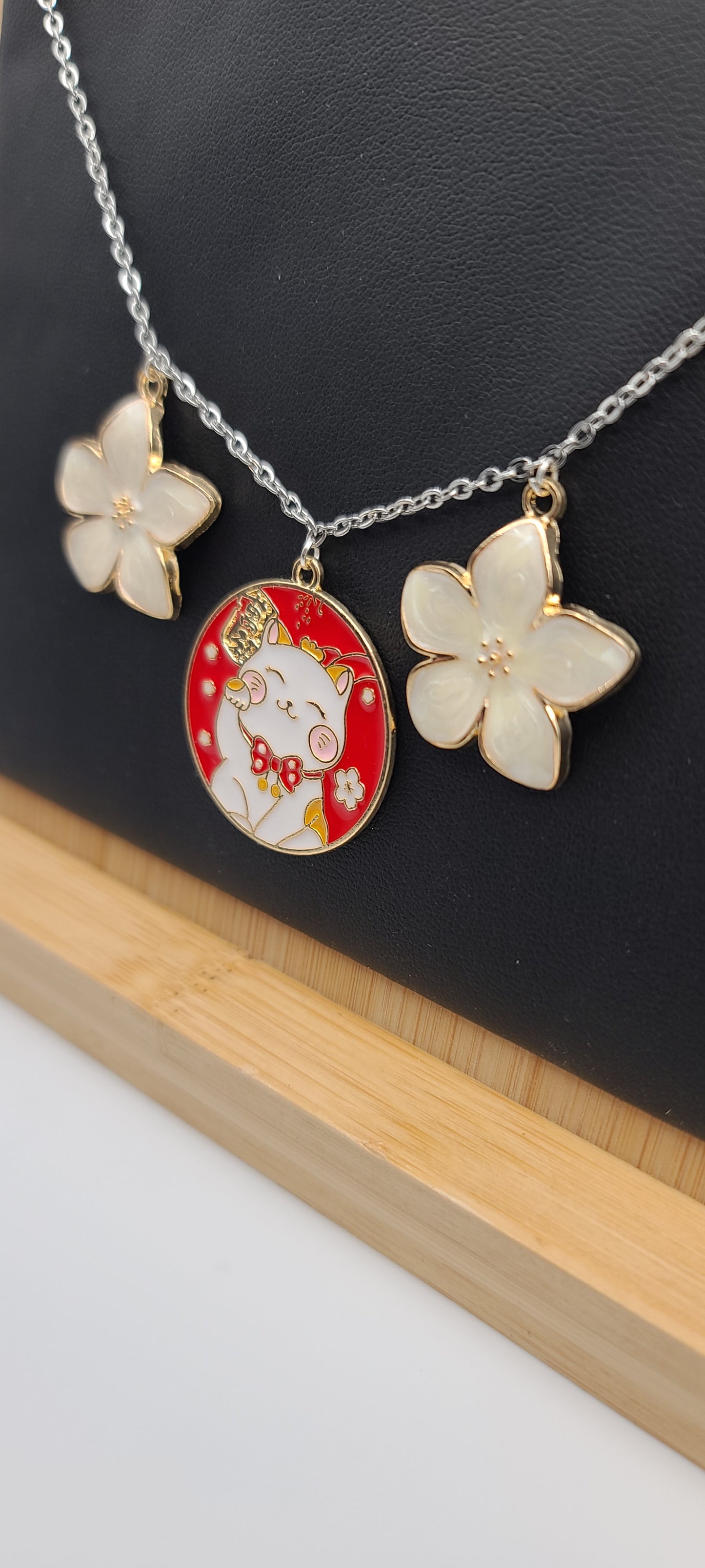 Maneki-neko Welcoming Lucky Cat and White Sakura Charm Silver Chain Necklace