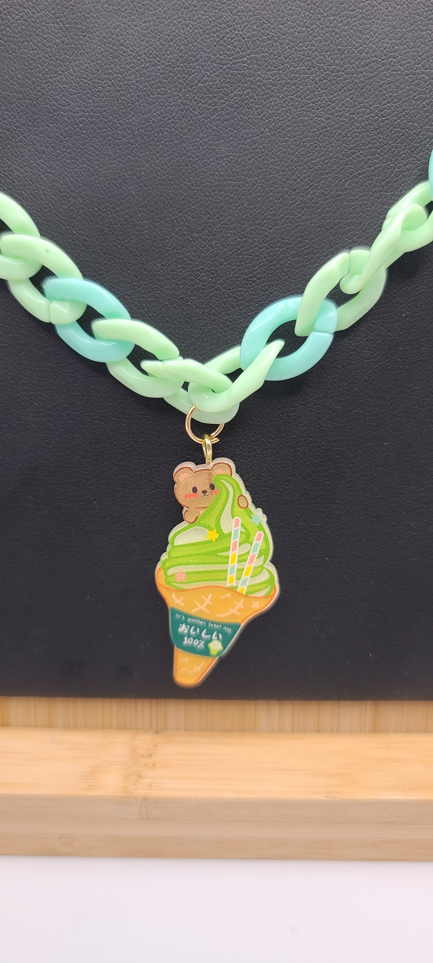 Green Plastic Chain Necklace with Green Ice Cream in a Cone with a Brown Bear Acrylic Charm