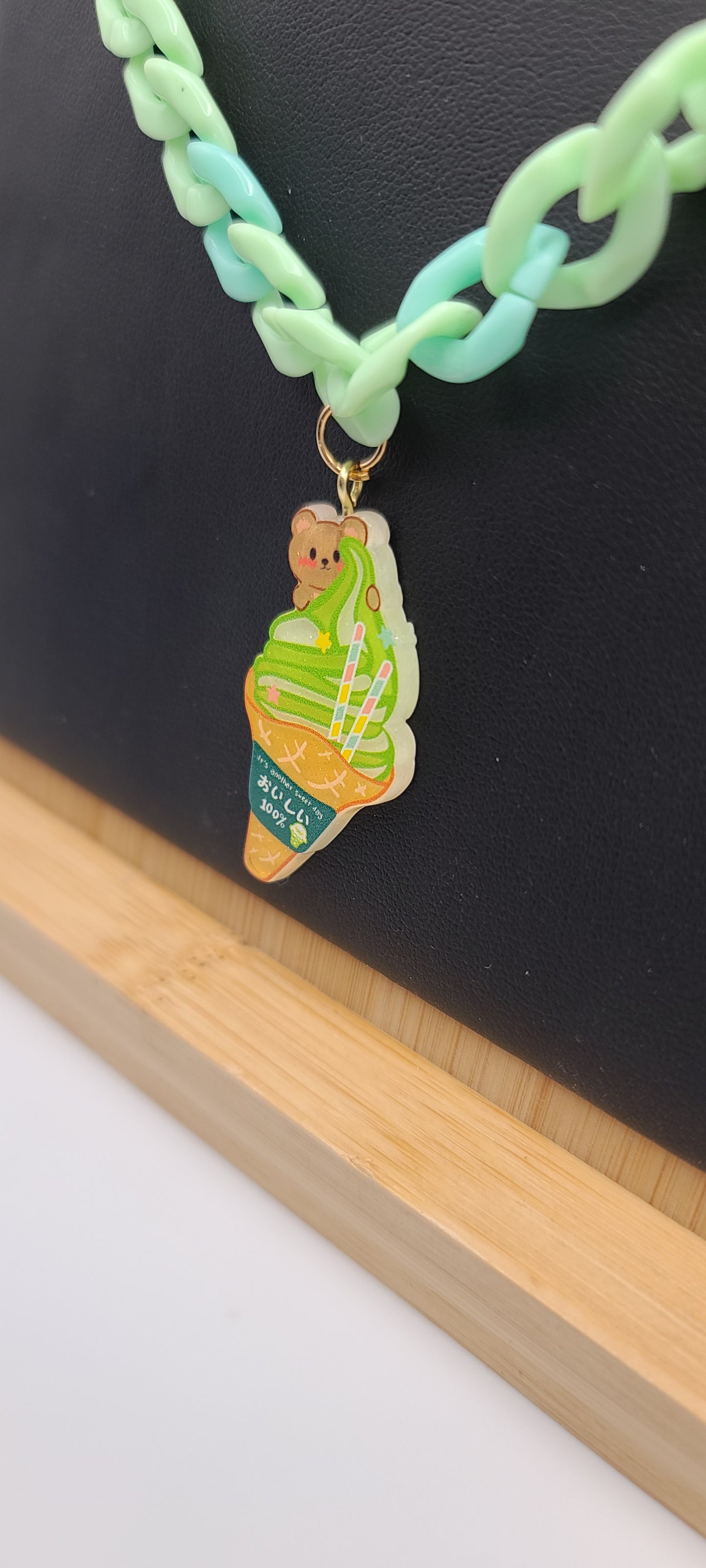 Green Plastic Chain Necklace with Green Ice Cream in a Cone with a Brown Bear Acrylic Charm