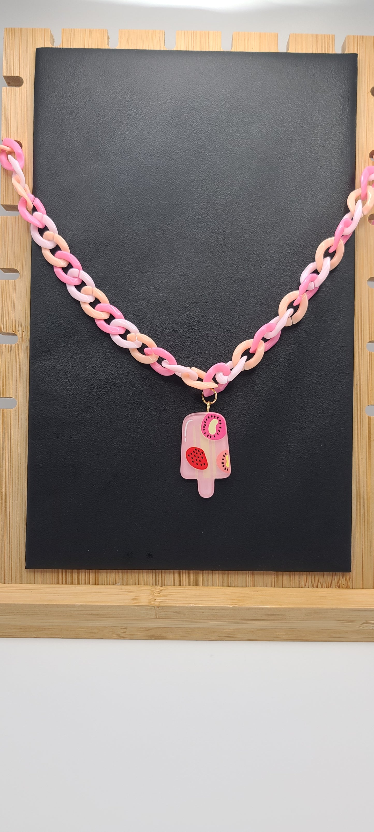 Pink and Peach Plastic Chain Necklace with Strawberry and Dragon Fruit Popsicle Acrylic Charm