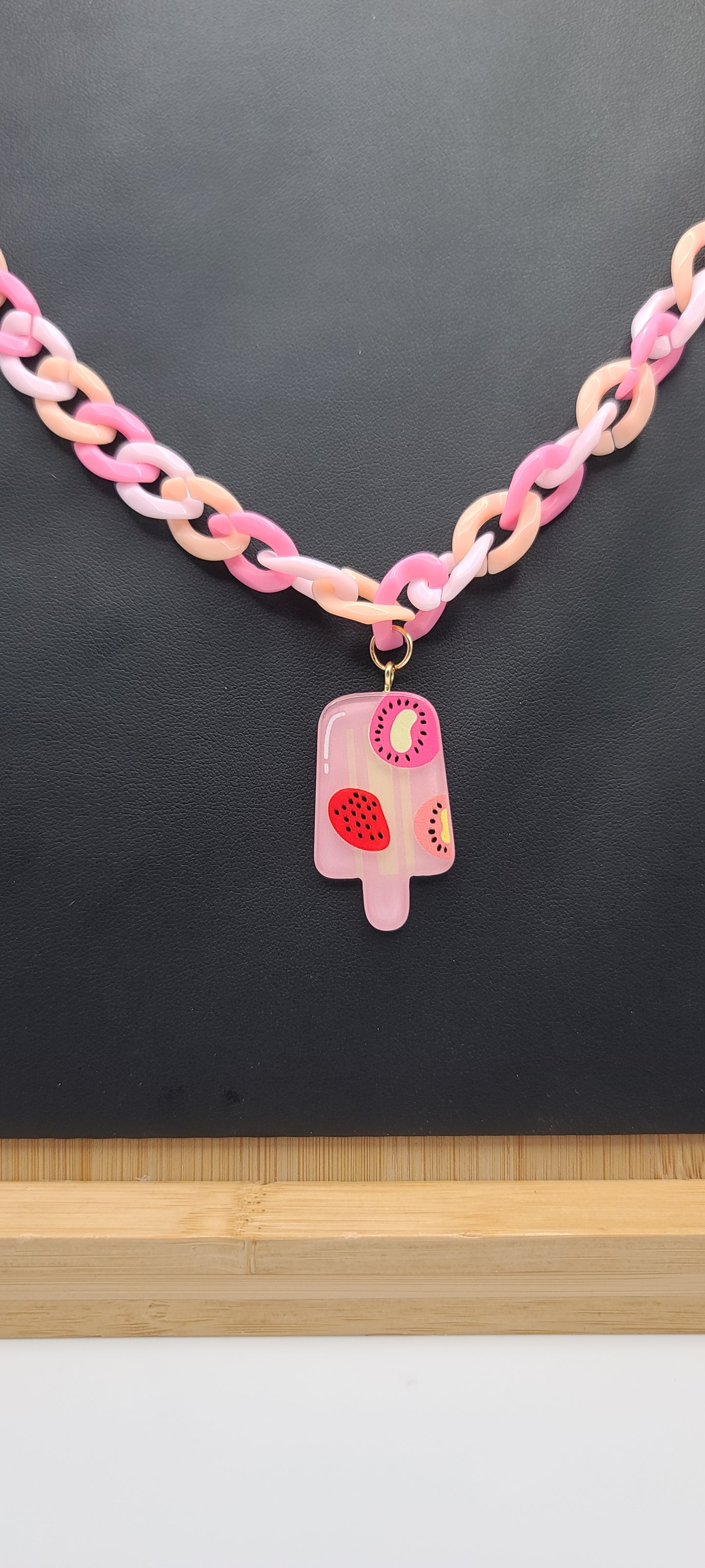 Pink and Peach Plastic Chain Necklace with Strawberry and Dragon Fruit Popsicle Acrylic Charm