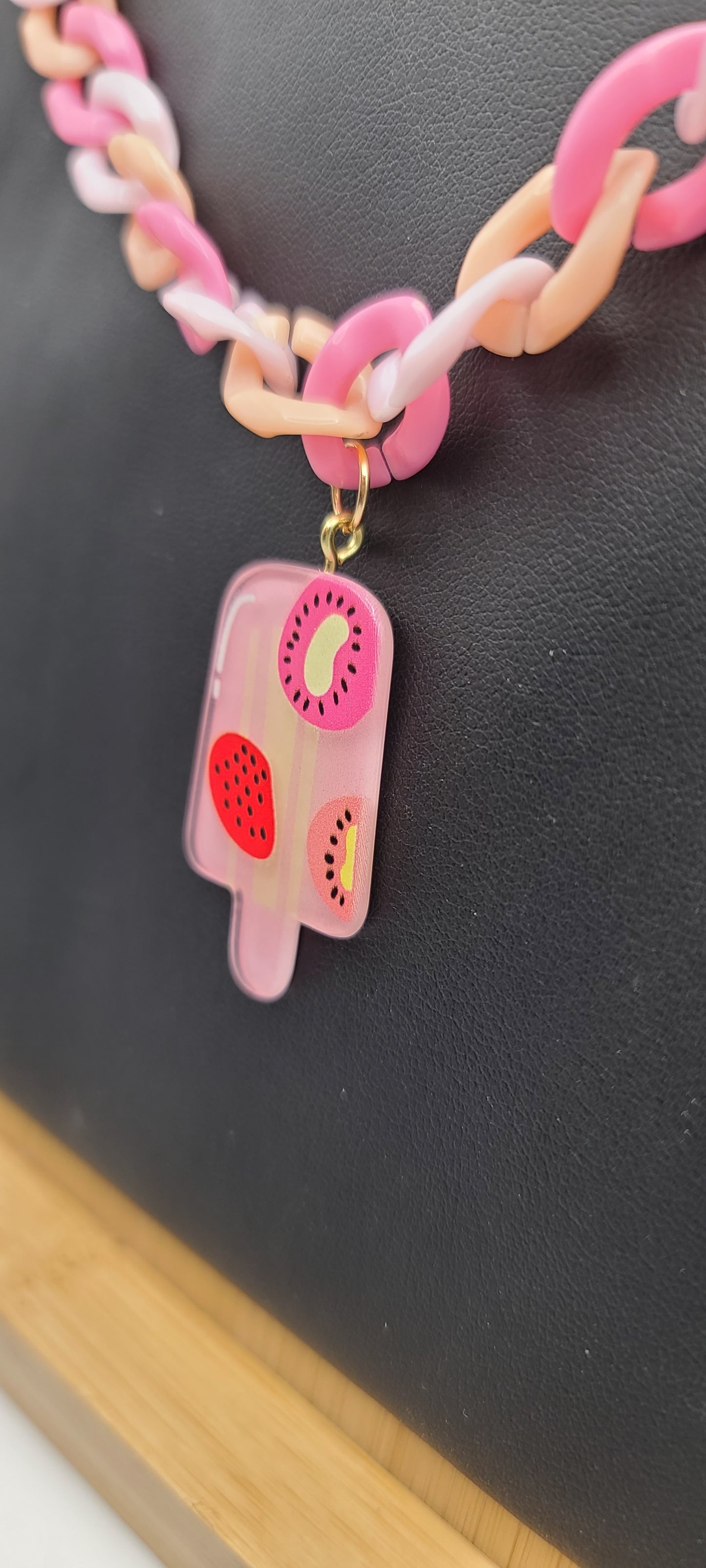 Pink and Peach Plastic Chain Necklace with Strawberry and Dragon Fruit Popsicle Acrylic Charm