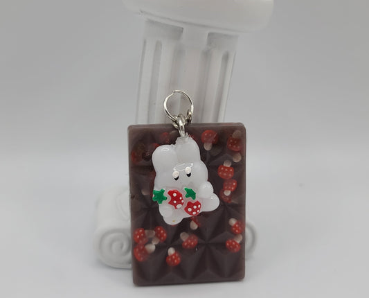 Mushroom Chocolate Bar Keychain with Strawberry Rabbit Charm