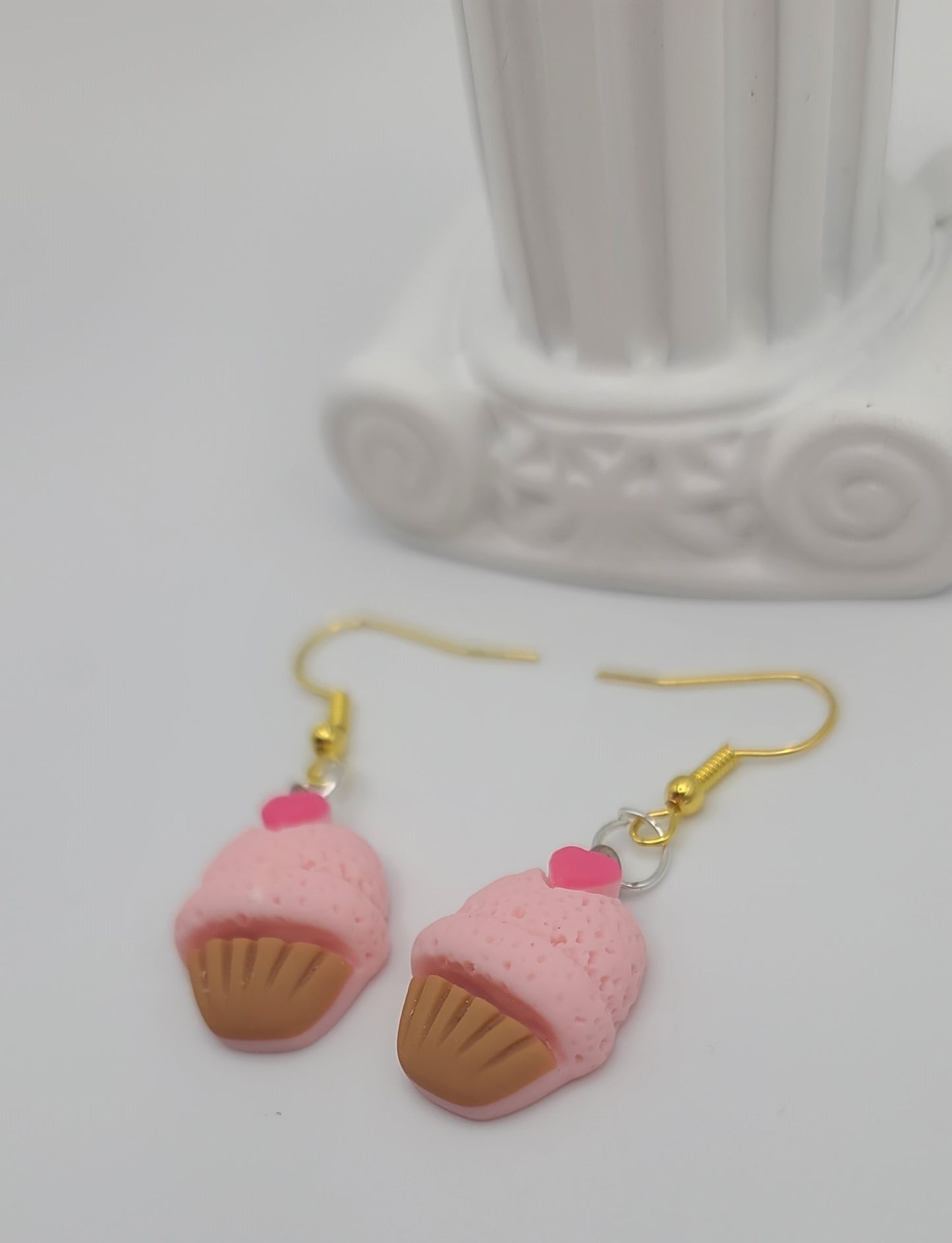 Kawaii Pink Heart Topped Cupcake Earrings