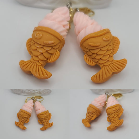 Pink Taiyaki Japanese Ice Cream in Fish Cone Earrings