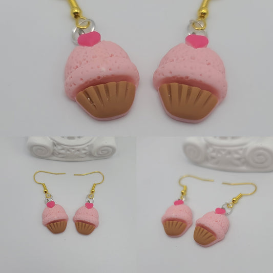 Kawaii Pink Heart Topped Cupcake Earrings