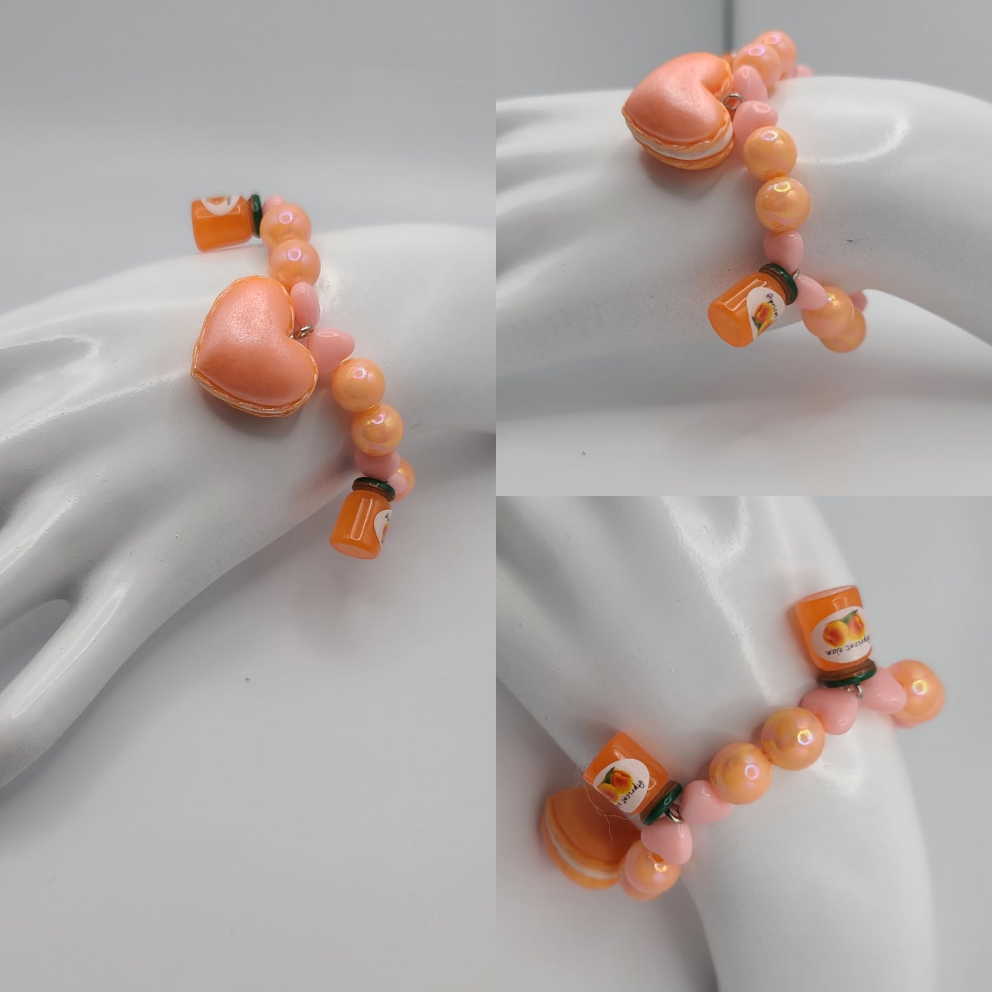 Orange and Peach Beaded Elastic Bracelet with Peach Jam and Heart Macaron Charms