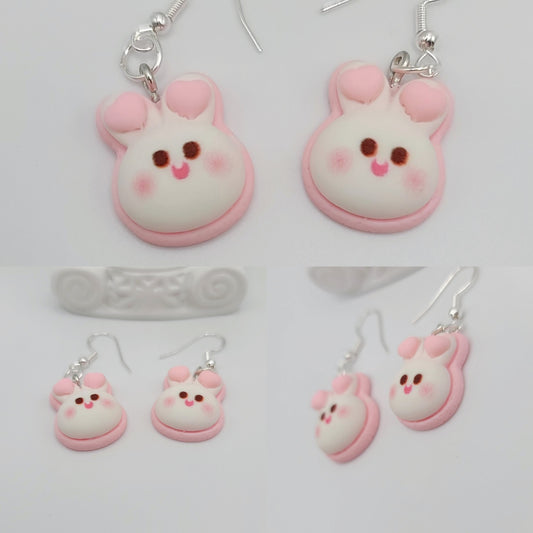 White and Pink Bunny Cookie Earrings