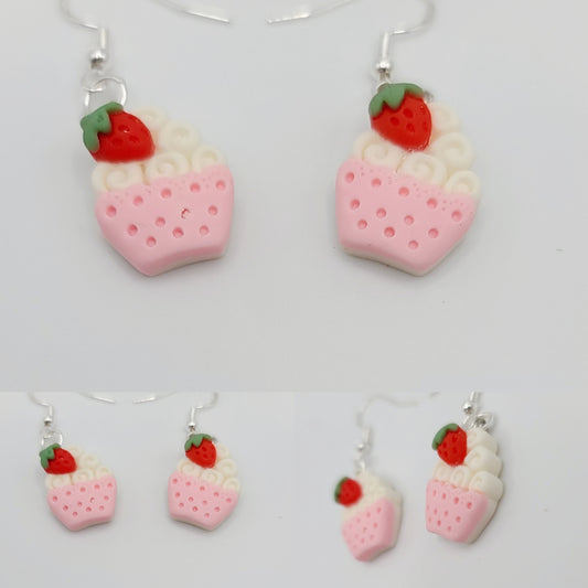 Kawaii Pink Strawberry Topped Cupcake Earrings