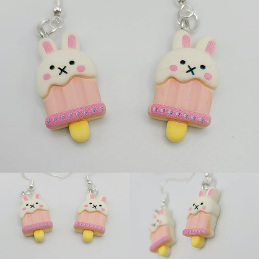 Pink and White Bunny Ice Cream Popsicle Earrings