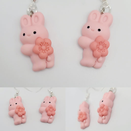 Pink Shy Bunny with Flower Earrings