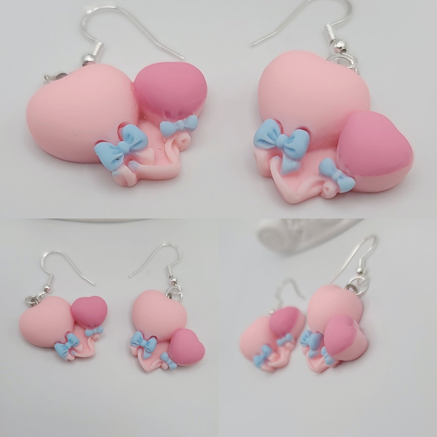 Cute Pink Double Heart-Shaped Balloon and Bows Earrings