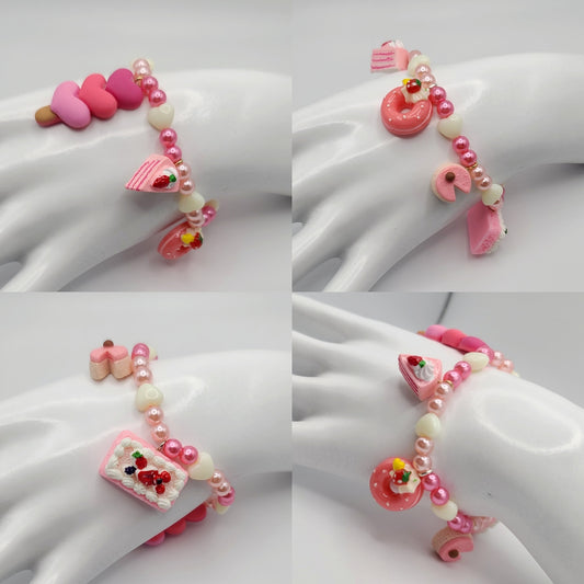 Valentine's Pastries Cakes Donuts Strawberry Pink and Red Beaded Bracelet