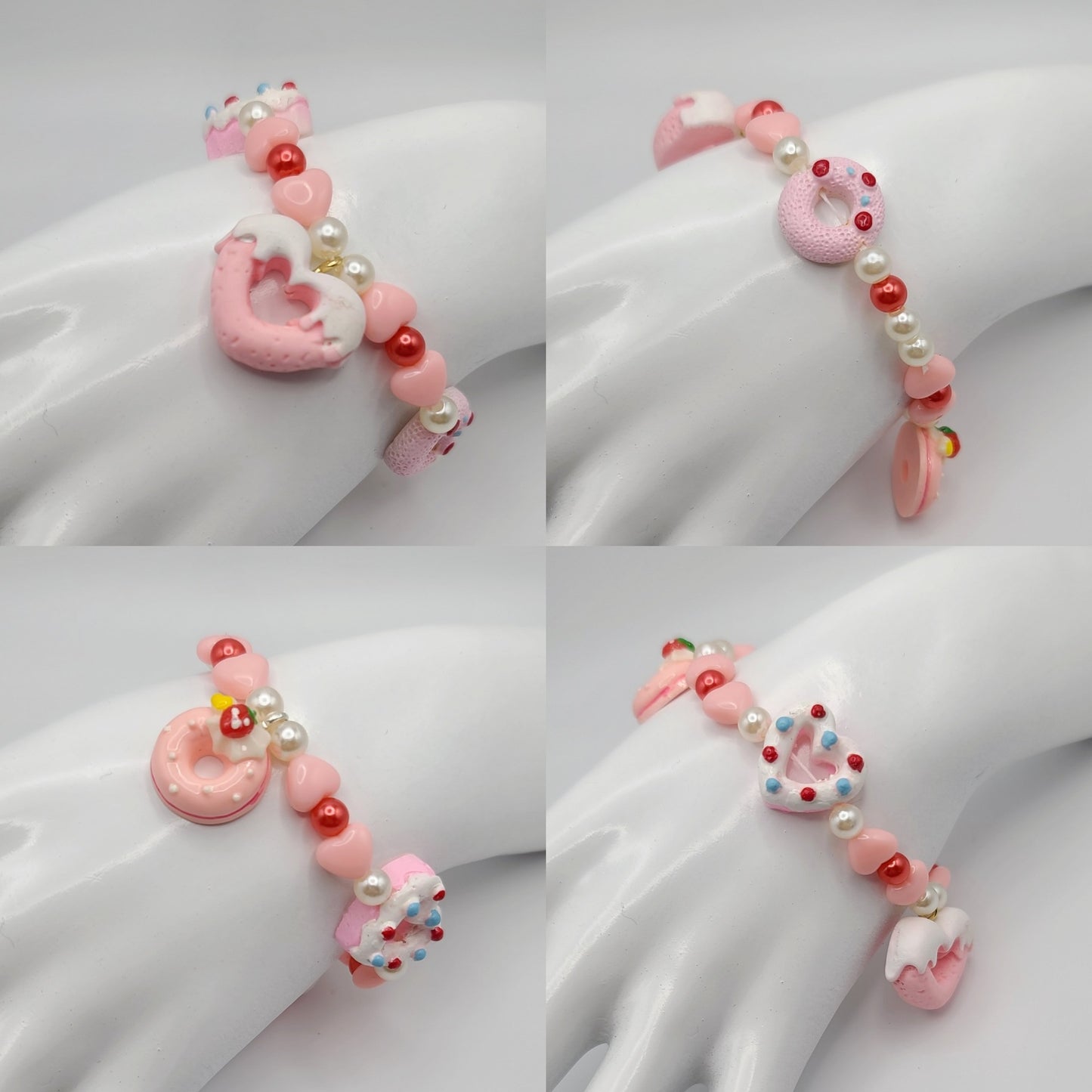 Valentine's Pastries Cookies Donuts Strawberry Pink and Red Beaded Bracelet