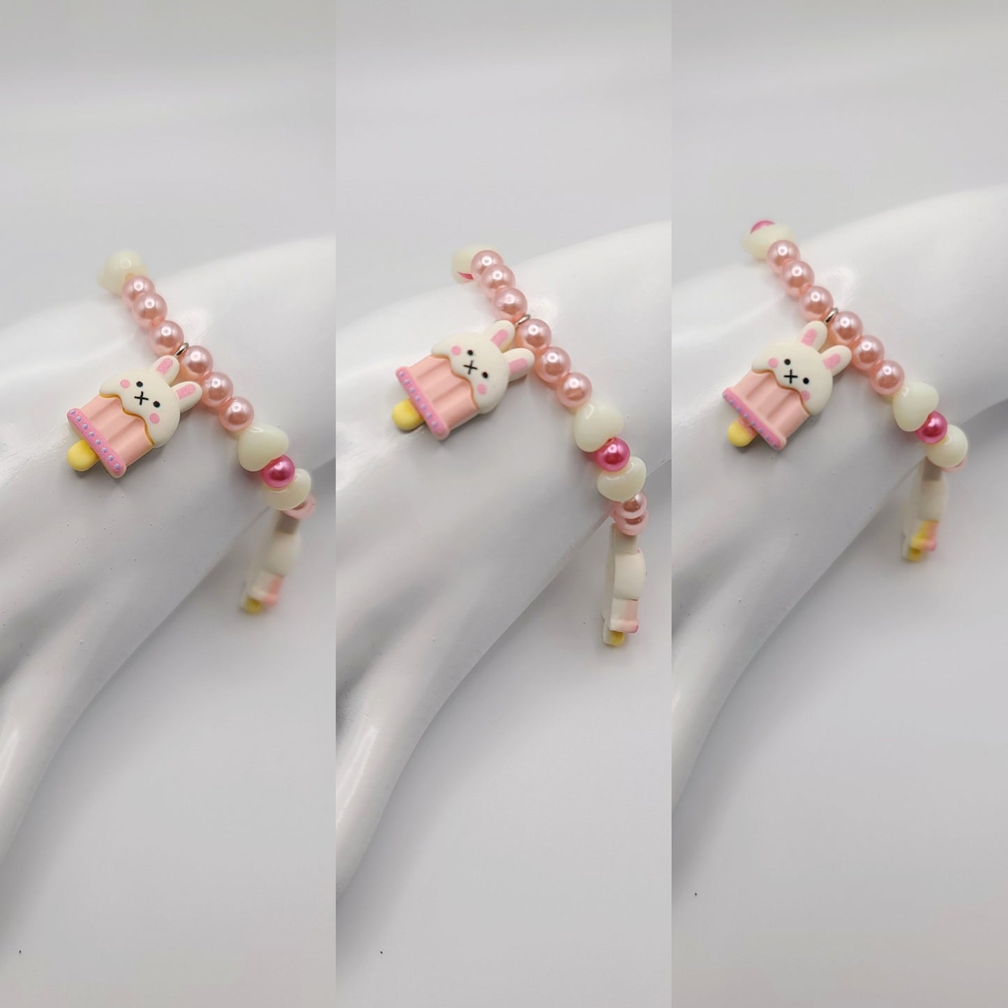 Pink Ice Cream Popsicle Bunny Pink and White Beaded Bracelet