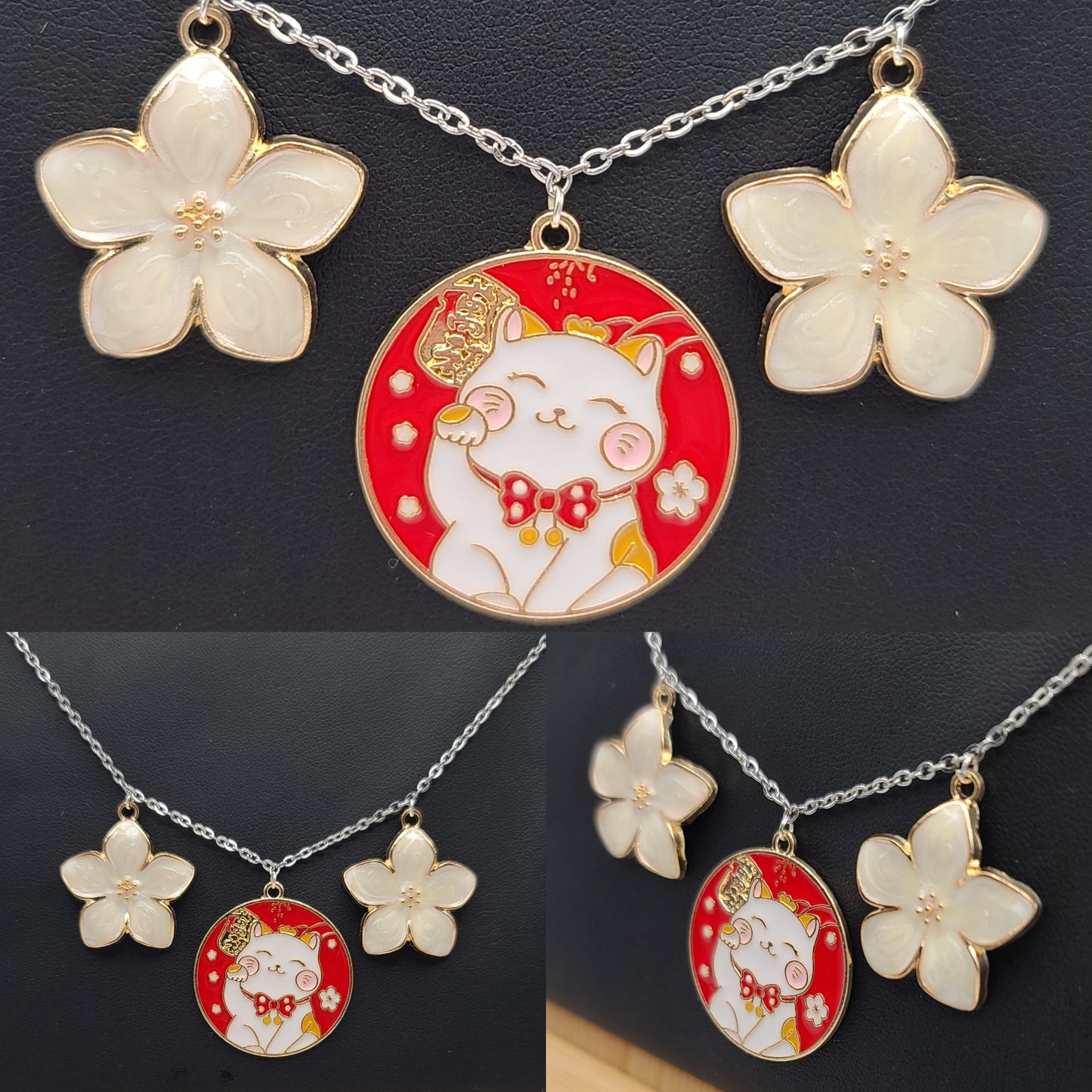 Maneki-neko Welcoming Lucky Cat and White Sakura Charm Silver Chain Necklace