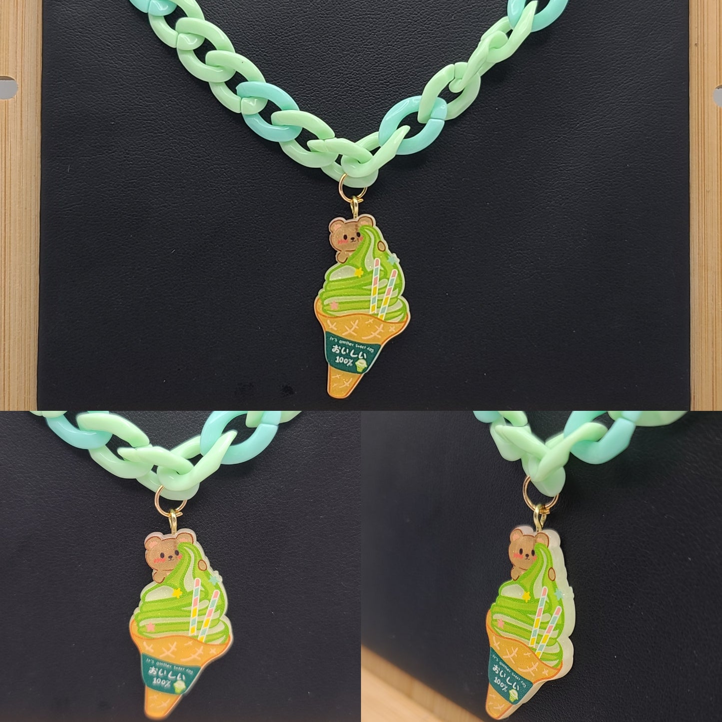 Green Plastic Chain Necklace with Green Ice Cream in a Cone with a Brown Bear Acrylic Charm