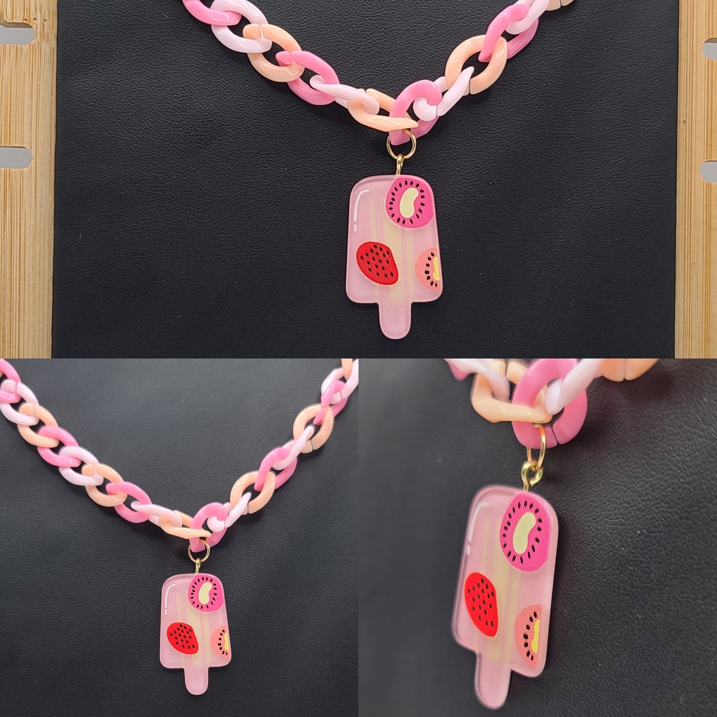 Pink and Peach Plastic Chain Necklace with Strawberry and Dragon Fruit Popsicle Acrylic Charm