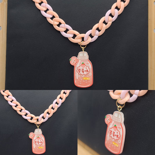 Pink Plastic Chain Necklace with Pink Strawberry Soda Pop Drink Acrylic Charm